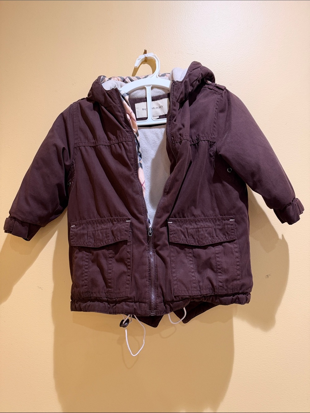 Burberry Kids Hooded Winter Jacket in Deep Plum